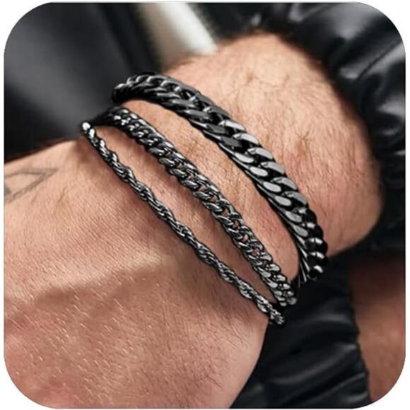 3-Piece Black Stainless Steel Men's Bracelet SetAdjustable Black Cuban Chain